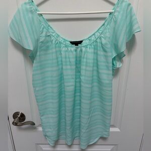 Banana Republic Aqua Striped Women's Top, Size Large, Flutter Short Sleeve